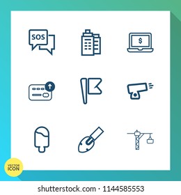 Modern, simple vector icon set on gradient background with weapon, city, screen, emergency, architecture, estate, danger, dessert, rescue, property, pc, america, laptop, cream, military, nation icons