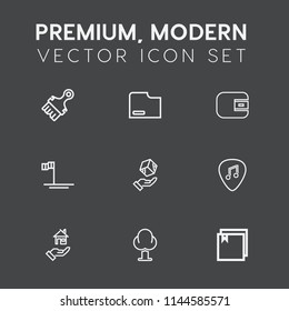 Modern, simple vector icon set on dark grey background with cash, element, shipping, baja, white, box, money, tree, business, forest, document, delivery, musical, landscape, finance, package icons