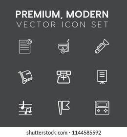 Modern, simple vector icon set on dark grey background with real, call, music, meeting, web, sea, bugle, phone, businessman, investment, technology, button, house, flag, communication, musical icons