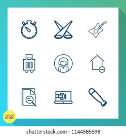 Modern, simple vector icon set on gradient background with watch, backdrop, sport, bag, online, bat, spotlight, timer, lady, house, music, young, white, time, communication, minute, baseball icons