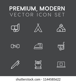 Modern, simple vector icon set on dark grey background with sea, sport, pen, outdoor, hand, write, iron, internet, building, snorkel, mask, adventure, bird, landscape, exercise, clothes, profile icons