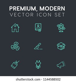 Modern, simple vector icon set on dark grey background with fashion, loud, door, voice, bikini, woman, modern, hanger, estate, dont, swimsuit, summer, loudspeaker, label, speaker, office, home icons
