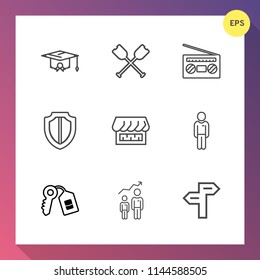 Modern, simple vector icon set on gradient background with rowing, music, curtain, way, canoe, key, celebration, boy, record, success, growth, audio, man, graduation, development, door, business icons