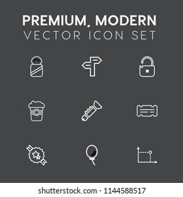 Modern, simple vector icon set on dark grey background with air, trumpet, spice, entertainment, unlock, web, balloon, security, choice, mineral, drink, seasoning, cafe, mug, celebration, key icons