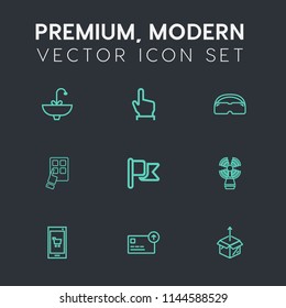 Modern, simple vector icon set on dark grey background with sea, america, new, travel, unpacking, push, money, modern, press, app, click, button, flag, touch, phone, beacon, pointer, hygiene icons