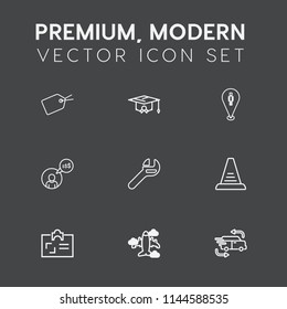 Modern, simple vector icon set on dark grey background with cap, education, fast, school, sale, identity, plane, map, pin, sign, student, freelancer, equipment, discount, work, college, price icons