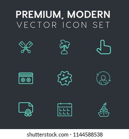 Modern, simple vector icon set on dark grey background with sea, frame, label, paddle, certificate, tape, person, summer, plant, time, award, pointer, cursor, natural, boat, rowing, profile, day icons