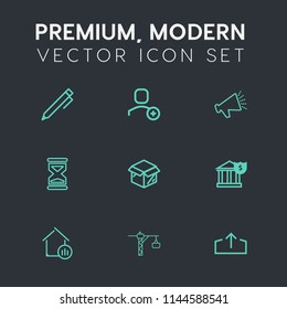 Modern, simple vector icon set on dark grey background with school, construction, hammer, education, pencil, loud, paper, white, finance, sand, money, drawing, house, banking, speaker, upload icons