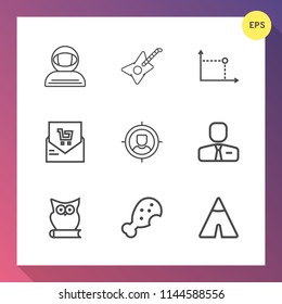 Modern, simple vector icon set on gradient background with customer, retail, camp, sign, animal, job, spaceman, marketing, spacesuit, rock, people, employer, chicken, music, adventure, meal, owl icons