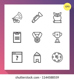 Modern, simple vector icon set on gradient background with business, reward, box, player, shipping, orchestra, vintage, jazz, bugle, gambling, page, owl, risk, package, vinyl, success, award icons