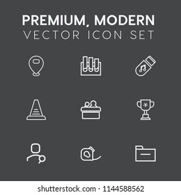 Modern, simple vector icon set on dark grey background with folder, insulating, travel, friction, account, pointer, storage, competition, victory, pin, medical, medicine, sound, presentation, up icons