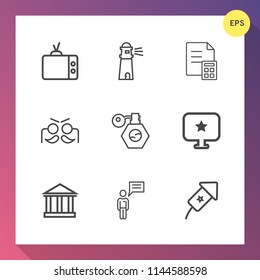 Modern, simple vector icon set on gradient background with cash, media, bottle, television, event, celebration, ocean, greek, beach, beauty, coast, sea, computer, holiday, party, financial, tv icons