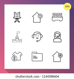 Modern, simple vector icon set on gradient background with tower, shop, comfortable, property, landlord, building, business, medieval, cost, apartment, file, estate, bed, seat, sale, old, home icons
