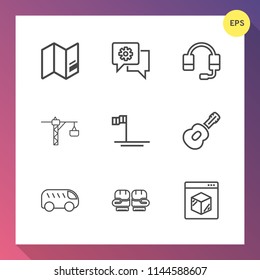 Modern, simple vector icon set on gradient background with mobile, hammer, microphone, left, music, chat, europe, geography, highway, ocean, headset, guitar, mexico, bus, world, boxing, blue icons