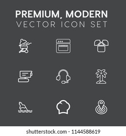 Modern, simple vector icon set on dark grey background with white, chief, grilled, point, tv, call, equipment, cycle, food, camera, cooking, hot, chef, cooker, shirt, palm, microphone, location icons