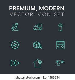 Modern, simple vector icon set on dark grey background with music, favorite, europe, travel, sign, vehicle, route, direction, finance, transportation, landmark, lorry, arrow, transport, business icons
