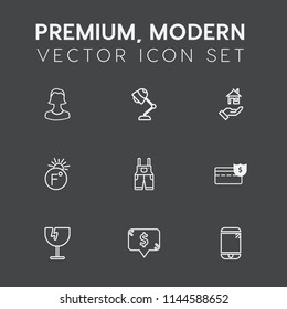 Modern, simple vector icon set on dark grey background with cash, destruction, modern, work, frame, scale, bank, lamp, touchscreen, phone, light, estate, temperature, wear, interior, home, glass icons
