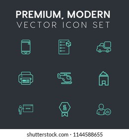 Modern, simple vector icon set on dark grey background with social, delivery, white, screen, winner, vehicle, transport, communication, internet, transportation, achievement, traffic, air, box icons