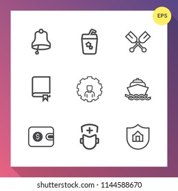 Modern, simple vector icon set on gradient background with book, call, cold, web, medical, encyclopedia, protect, library, boat, water, home, wallet, study, mobile, party, bell, ring, doctor icons