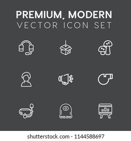 Modern, simple vector icon set on dark grey background with nature, whistle, microphone, person, audio, speaker, human, communication, template, white, water, edible, headset, package, center icons