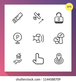 Modern, simple vector icon set on gradient background with plane, technology, security, unlock, drill, flight, property, radius, vehicle, mushroom, urban, air, transportation, home, mobile, lock icons