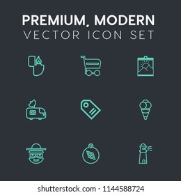 Modern, simple vector icon set on dark grey background with television, gas, sea, cream, antenna, happy, sale, photo, price, market, dessert, food, store, label, fire, water, buy, trolley, smoke icons