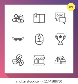 Modern, simple vector icon set on gradient background with skate, people, device, skateboard, book, fan, worker, open, office, achievement, business, skater, group, library, white, message, chat icons