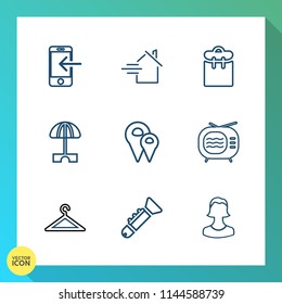 Modern, simple vector icon set on gradient background with jazz, location, travel, pretty, sun, bugle, property, avatar, map, musical, tv, house, sale, clothing, home, mortgage, technology, pin icons