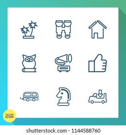Modern, simple vector icon set on gradient background with owl, equipment, vision, bird, discovery, lorry, view, travel, retro, truck, transportation, tree, concept, record, search, technology icons