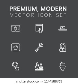 Modern, simple vector icon set on dark grey background with click, web, stadium, football, field, grass, nature, job, game, tree, building, sport, button, hand, soccer, toilet, security, wc, key icons