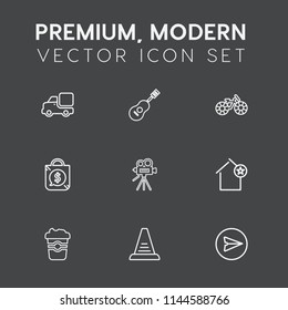 Modern, simple vector icon set on dark grey background with video, message, cafe, drink, concert, retro, apartment, home, transport, step, concept, price, camera, cup, musical, guitar, bag, mug icons
