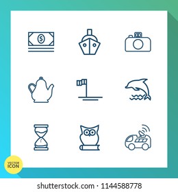 Modern, simple vector icon set on gradient background with shipping, business, ocean, tea, dolphin, ship, wildlife, drink, transportation, clock, photography, boat, animal, hot, vessel, beach icons