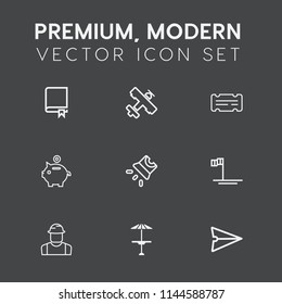 Modern, simple vector icon set on dark grey background with encyclopedia, book, library, finance, pub, video, coin, web, internet, projection, blue, flight, school, read, email, communication icons