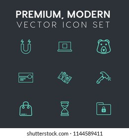 Modern, simple vector icon set on dark grey background with audio, retail, shovel, profile, paper, security, clock, animal, magnetic, road, tape, stereo, internet, buy, folder, time, wild, pole icons