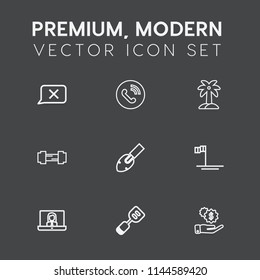 Modern, simple vector icon set on dark grey background with gym, nature, finance, video, natural, palm, equipment, internet, technology, utensil, tree, construction, fitness, workout, kitchen icons