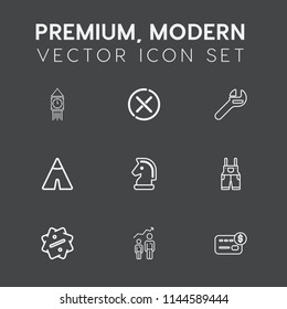 Modern, simple vector icon set on dark grey background with london, chess, growth, personal, clock, wear, strategy, label, spanner, stop, camp, balance, time, big, uk, chessboard, uniform, no icons