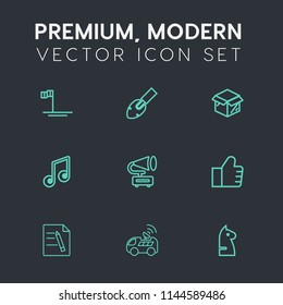 Modern, simple vector icon set on dark grey background with find, technology, sea of cortes, record, chessboard, equipment, gramophone, hammer, beach, vehicle, retro, search, car, new, baja, web icons