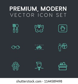 Modern, simple vector icon set on dark grey background with summer, spoon, food, medal, butterfly, fly, dinner, eyeglasses, eyesight, meeting, restaurant, estate, people, kitchen, bike, table icons