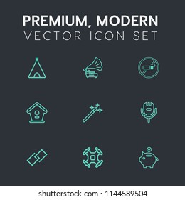 Modern, simple vector icon set on dark grey background with tobacco, summer, addiction, control, web, no, aerial, house, gramophone, voice, wand, magic, hyperlink, tourism, bird, drone, bank icons