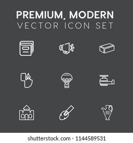 Modern, simple vector icon set on dark grey background with material, brick, equipment, lighter, audio, object, sky, castle, learning, building, decoration, education, cigarette, helicopter, air icons