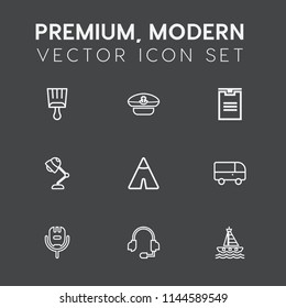 Modern, simple vector icon set on dark grey background with element, camp, delivery, shipping, support, transportation, voice, anchor, adventure, headset, shape, lamp, brush, bus, speed, cap icons