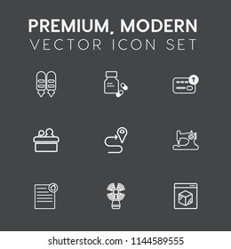 Modern, simple vector icon set on dark grey background with beacon, internet, lighthouse, route, delivery, house, medication, pharmacy, fashion, conference, medical, real, sewing, finance, bank icons