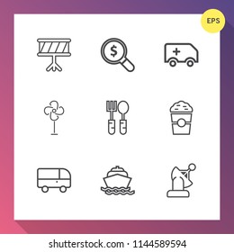 Modern, simple vector icon set on gradient background with medical, concept, restaurant, speed, music, fan, coffee, emergency, cafe, electric, transportation, ambulance, rescue, drum, saxophone icons