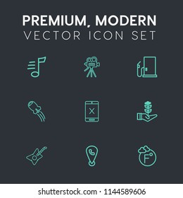 Modern, simple vector icon set on dark grey background with abstract, movie, temperature, space, rocket, vintage, melody, sound, music, petrol, location, fuel, thermometer, technology, video icons