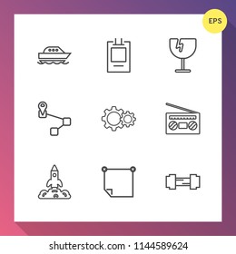 Modern, simple vector icon set on gradient background with ocean, launch, record, office, shuttle, note, banner, cruise, music, crash, workout, yacht, glass, radio, shattered, boat, map, window icons