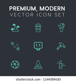 Modern, simple vector icon set on dark grey background with lipstick, internet, game, panorama, espresso, computer, position, up, casino, travel, laptop, map, concept, peak, hill, drink, fashion icons