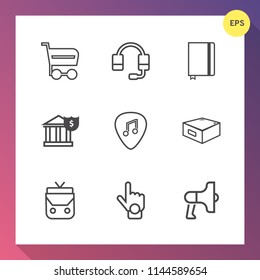 Modern, simple vector icon set on gradient background with call, hand, banking, style, money, headset, book, musical, bag, finger, gesture, cart, retail, sign, trolley, announcement, guitar, buy icons