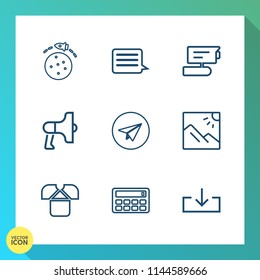 Modern, simple vector icon set on gradient background with megaphone, travel, surveillance, tv, scenery, landscape, camera, safe, calculator, sound, shuttle, audio, view, planet, science, video icons
