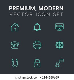 Modern, simple vector icon set on dark grey background with property, communication, ship, chat, protection, ring, field, support, house, web, technology, architecture, alert, sign, science, new icons