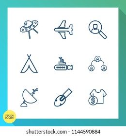 Modern, simple vector icon set on gradient background with spacecraft, air, sale, flight, shovel, technology, travel, people, account, invasion, equipment, camp, construction, flying, hierarchy icons
